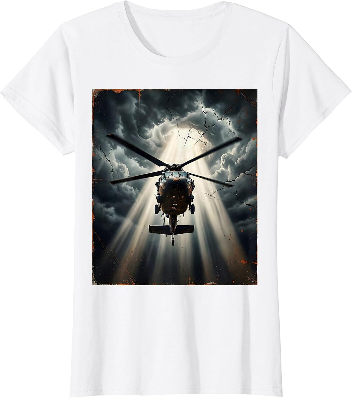 Women's Helicopter Spotlight Through Dark Stormy Clouds T-Shirt - White
