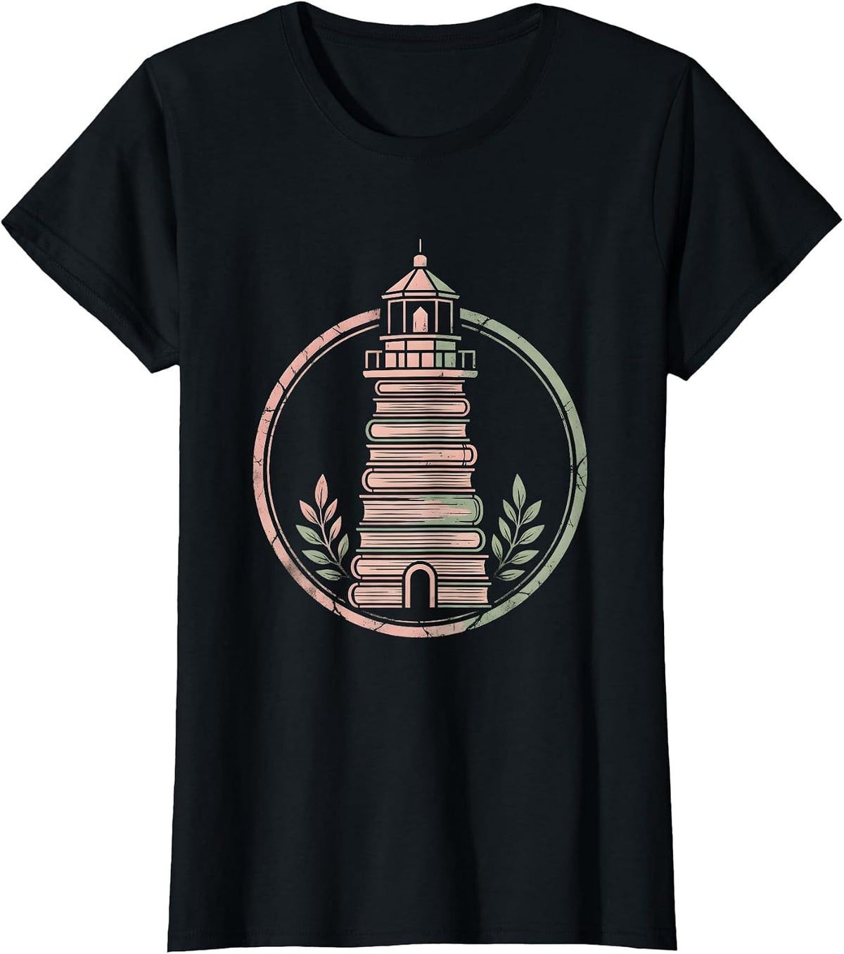 Lighthouse Made of Stacked Books Reading Teacher T-Shirt - Black