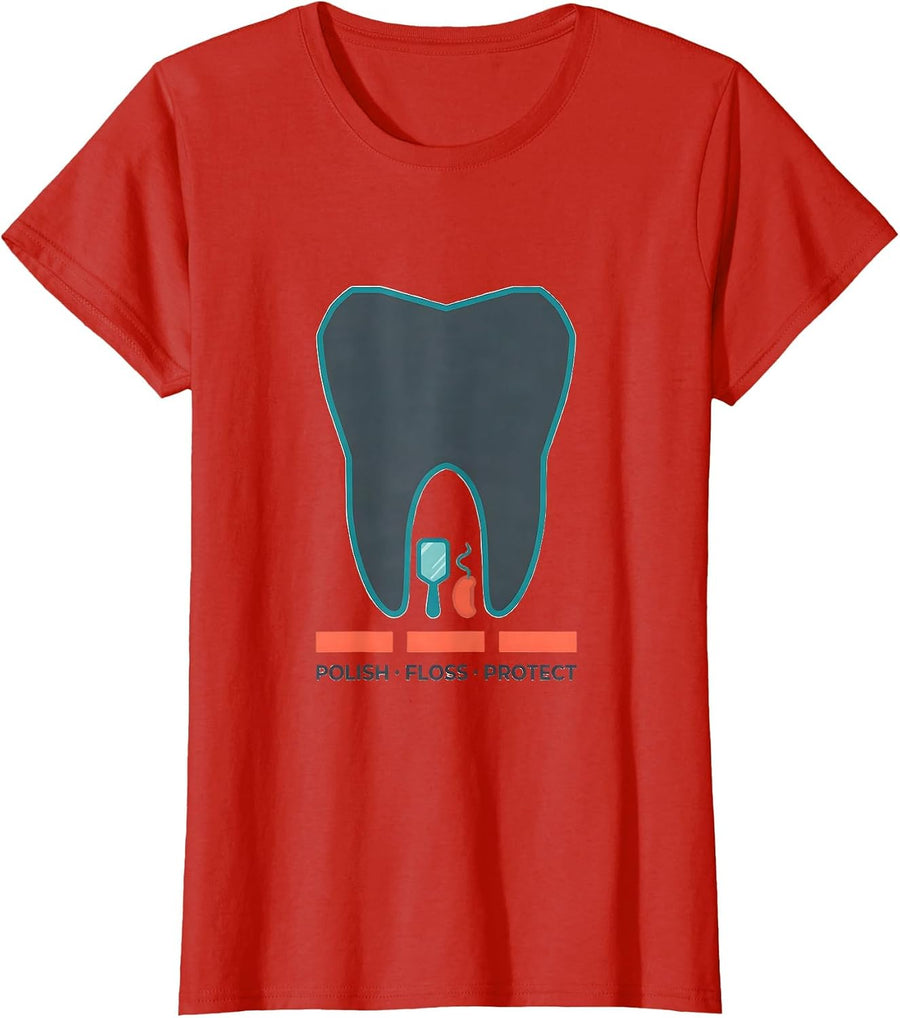 Women's Polish Floss Protect Funny Dental Hygienist Retro Humor T-Shirt - Red