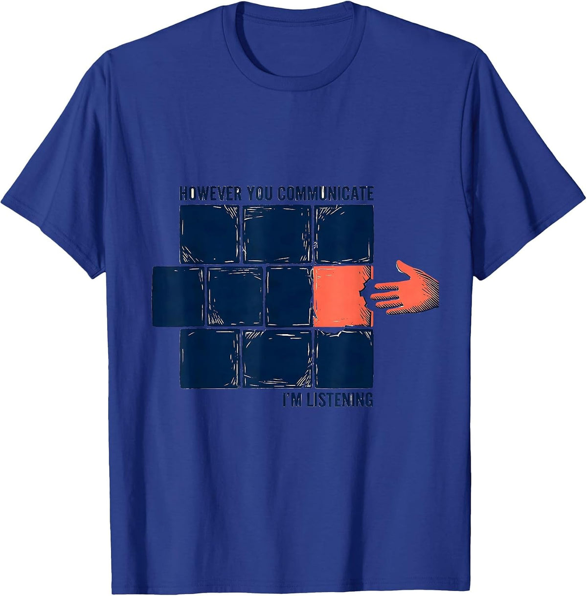 Men's However You Communicate, I'm Listening Linocut AAC SLP T-Shirt - Royal Blue