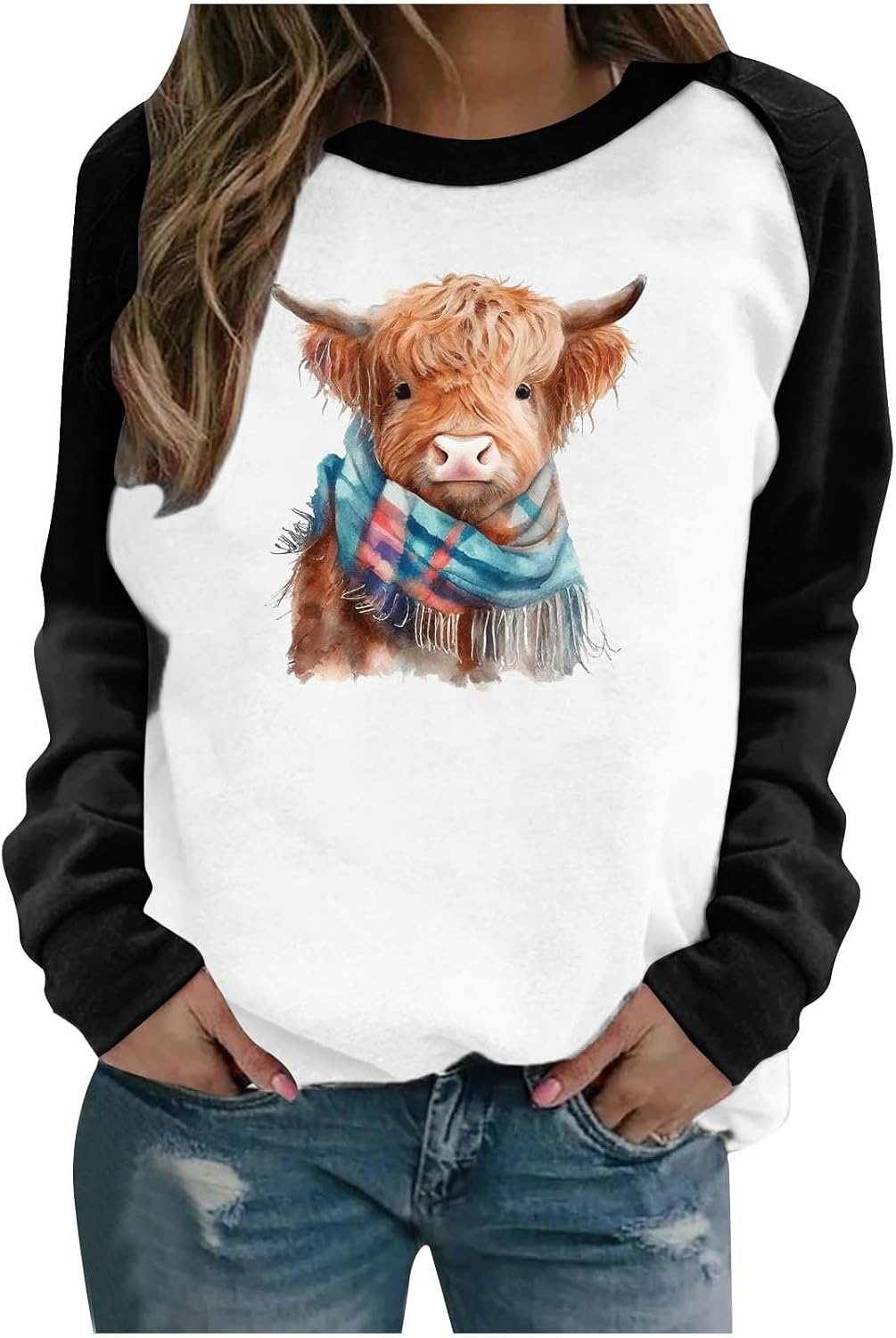 Womens Highland Cow Shirts Cute Animal Graphic Farm Pullover Sweatshirt Western Cowgirl Long Sleeve Casual Tops - Black