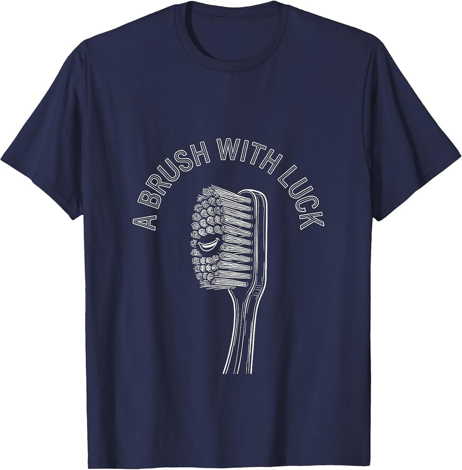 A Brush With Luck Funny Dental Hygienist Humor Occupational T-Shirt - Navy Blue