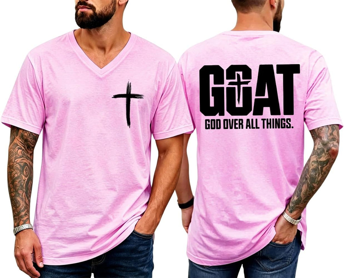 Christian Shirts for Men Goat God Over All Things T-Shirt - V-Neck Pink-1