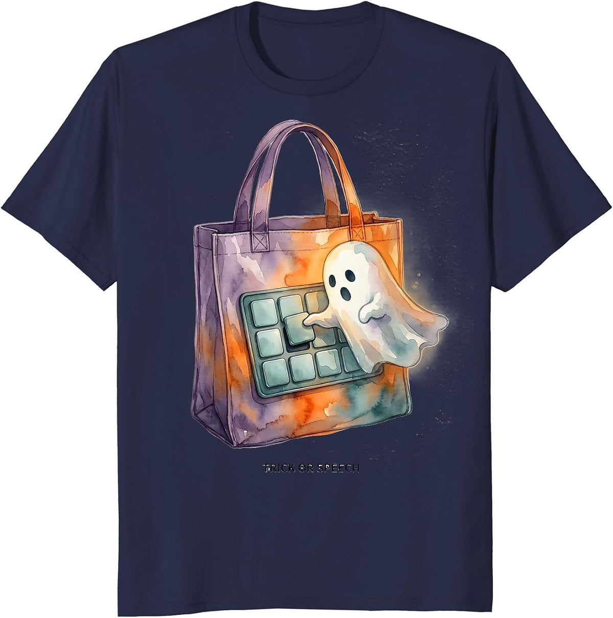 Men's Trick or Speech Watercolor Halloween Speech Therapy SLP T-Shirt - Navy Blue