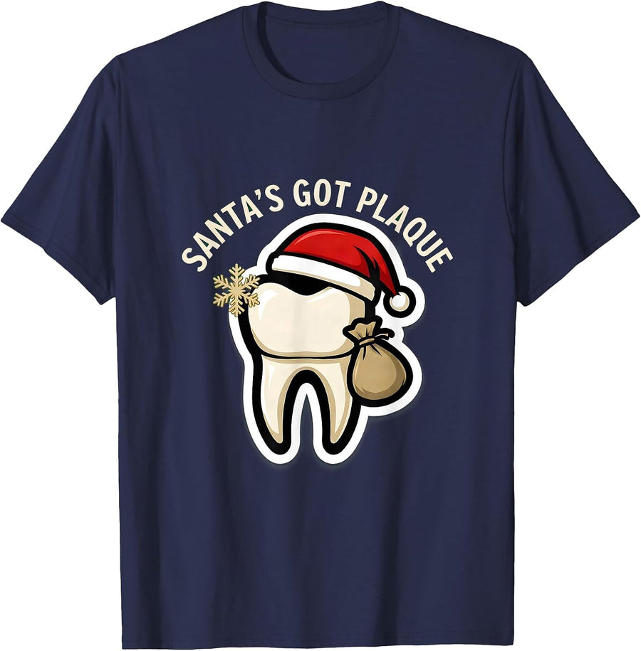 Santa's Got Plaque Funny Dental Christmas Dentist Hygienist T-Shirt - Navy Blue