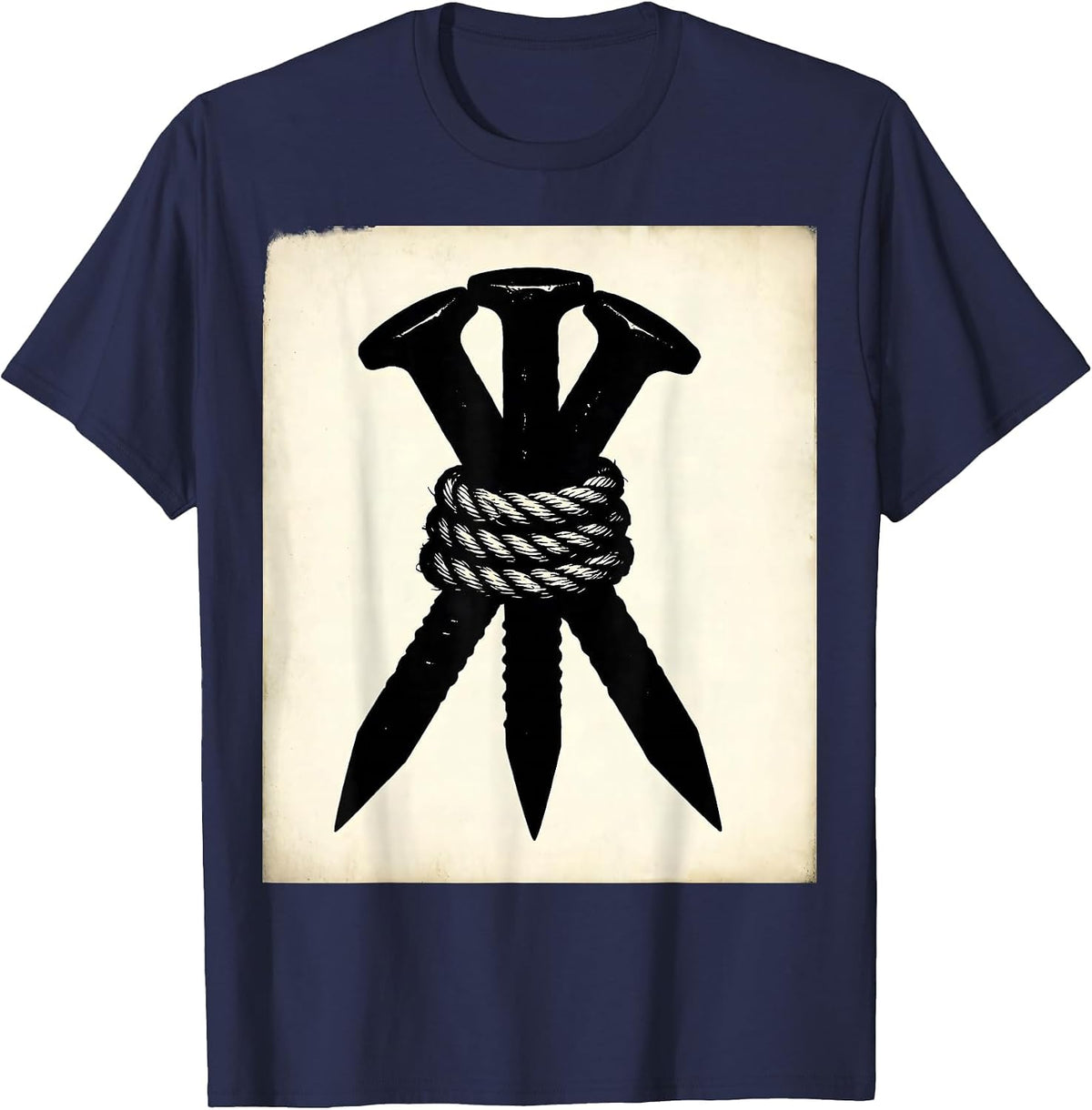 Men's Three Nails Cross Bound Rope Christian Graphic T-Shirt - Navy Blue