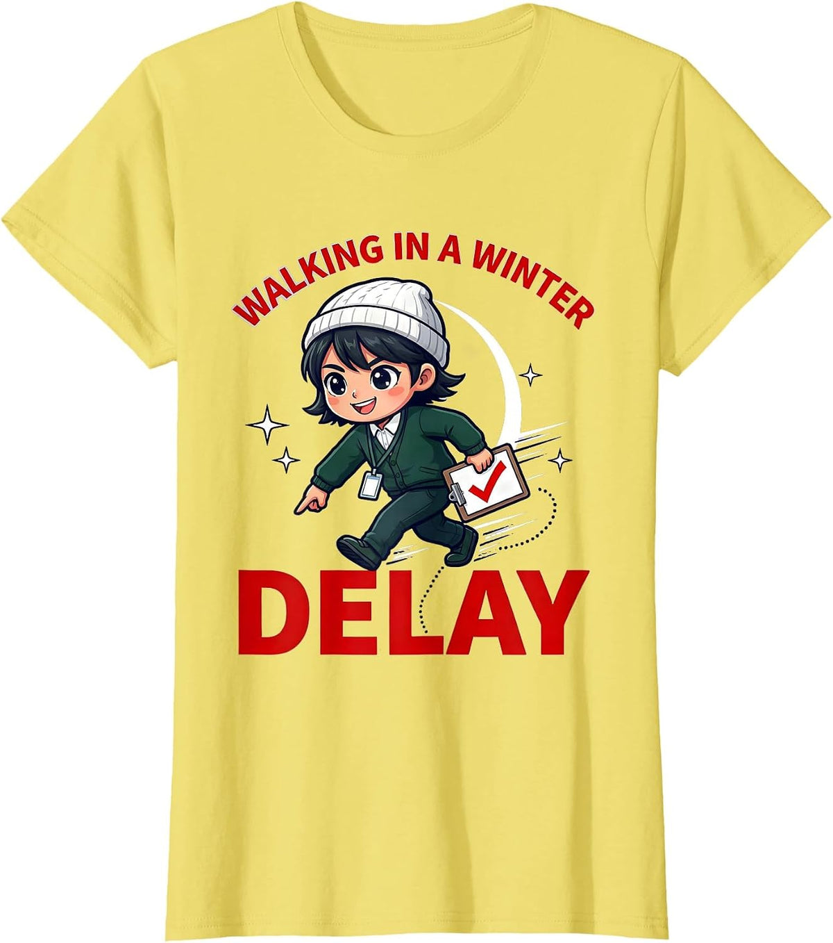 WALKING IN A WINTER DELAY Funny School Staff Christmas T-Shirt - Lemon Yellow