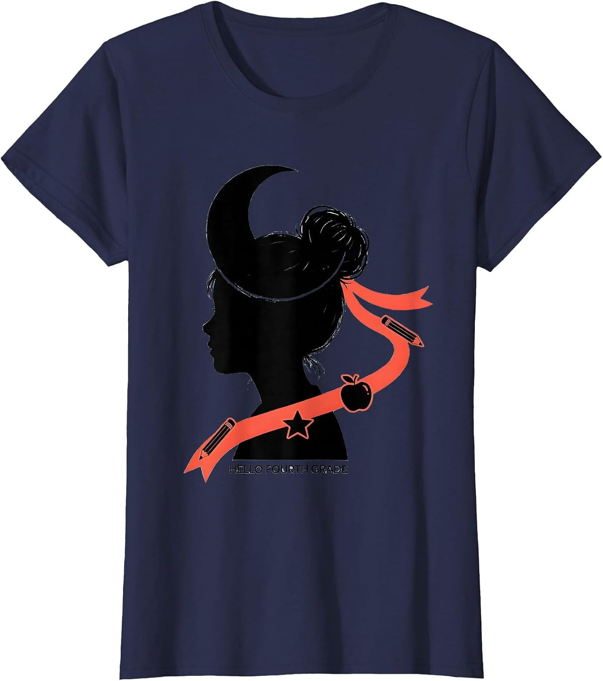 Women's Hello Fourth Grade Messy Bun Back To School Girls Humor T-Shirt - Navy Blue