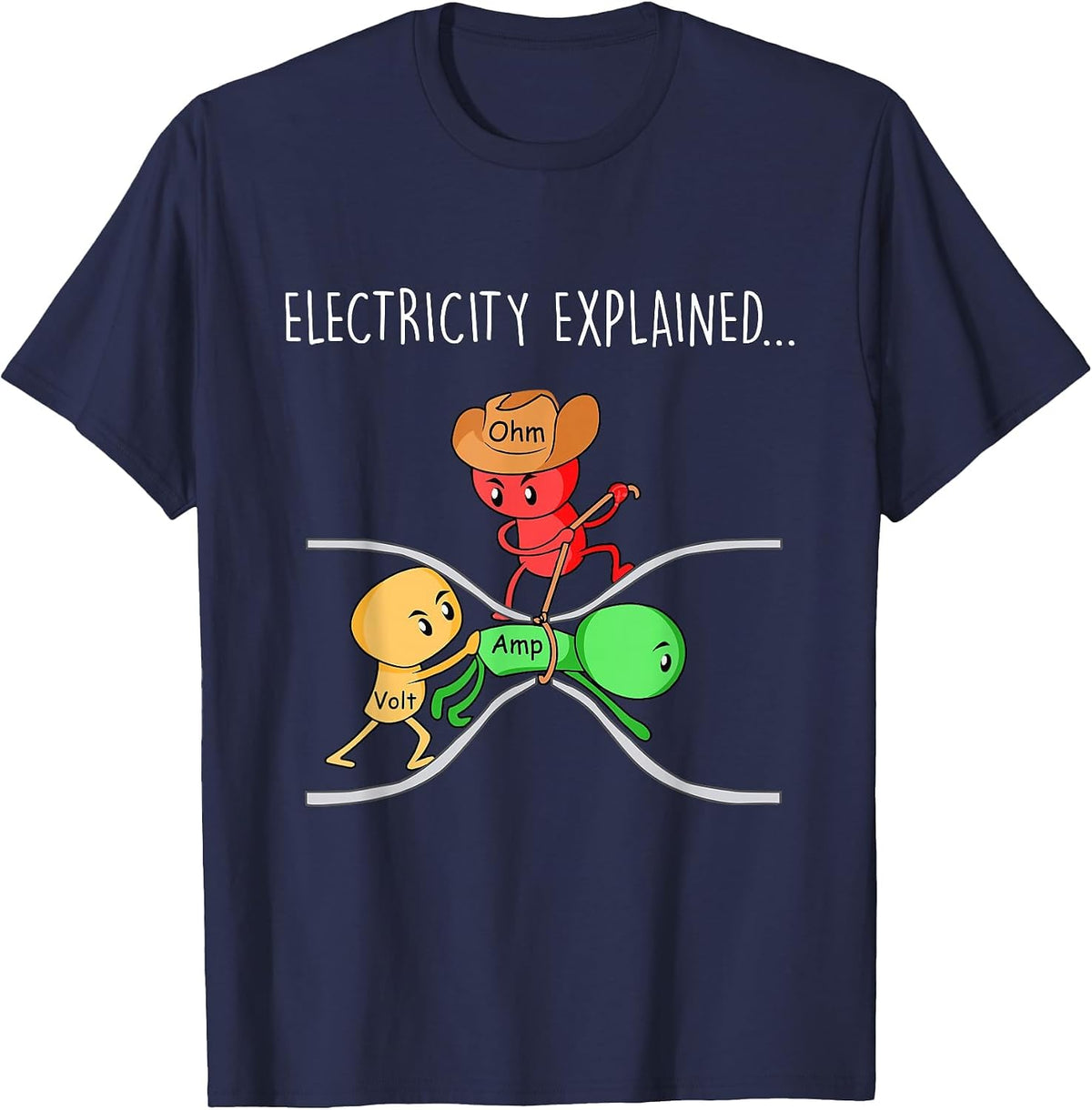 Funny Physics Teacher Electricity Explained Science Joke T-Shirt - Navy Blue