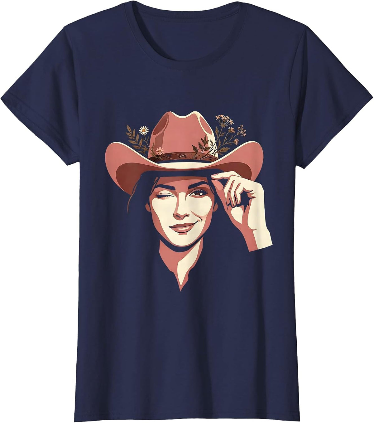 Women's Cowgirl Hat Tip Wink Western Graphic Tee T-Shirt - Navy Blue