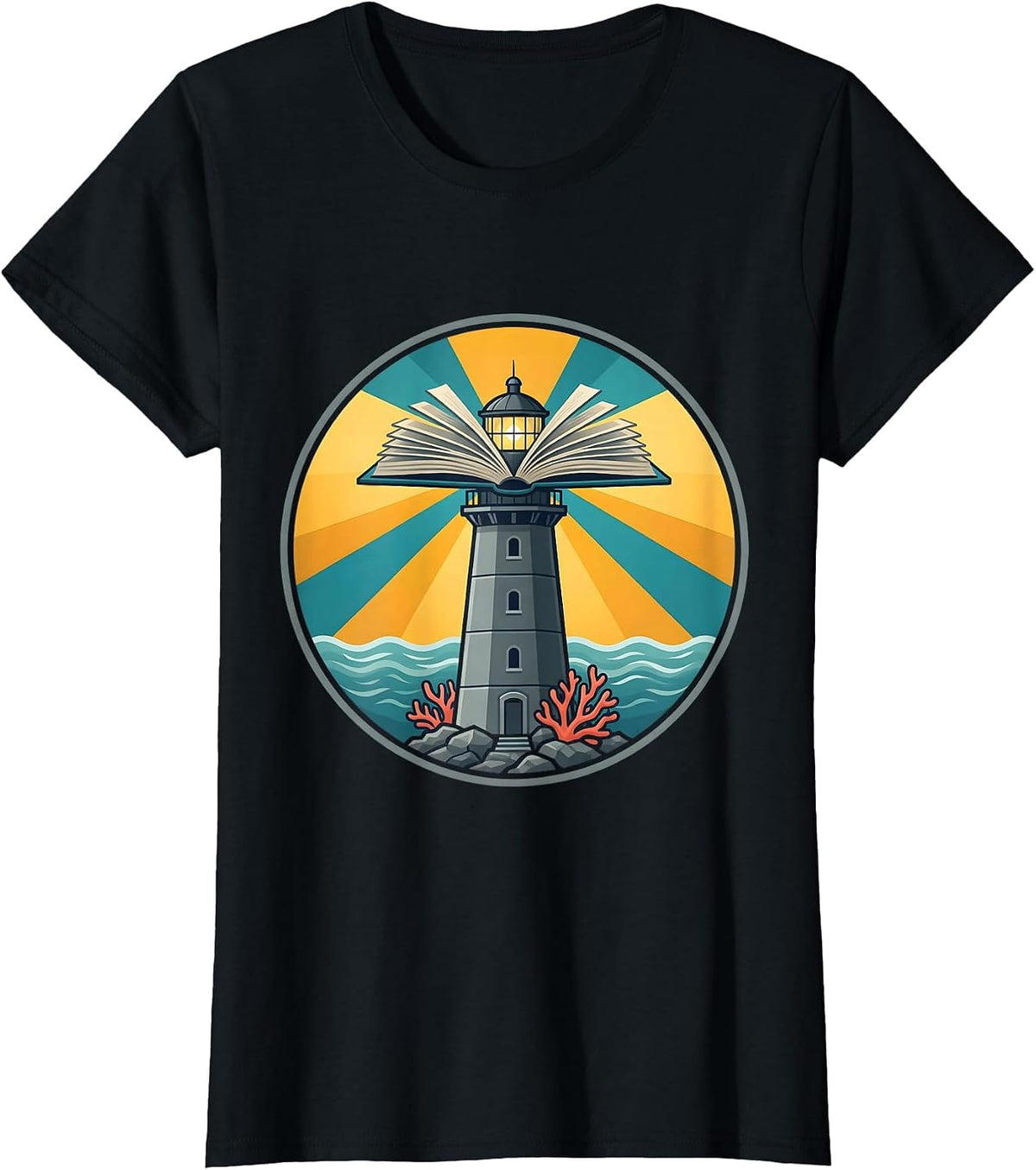 Reading Teacher Lighthouse Open Book Graphic T-Shirt - Black