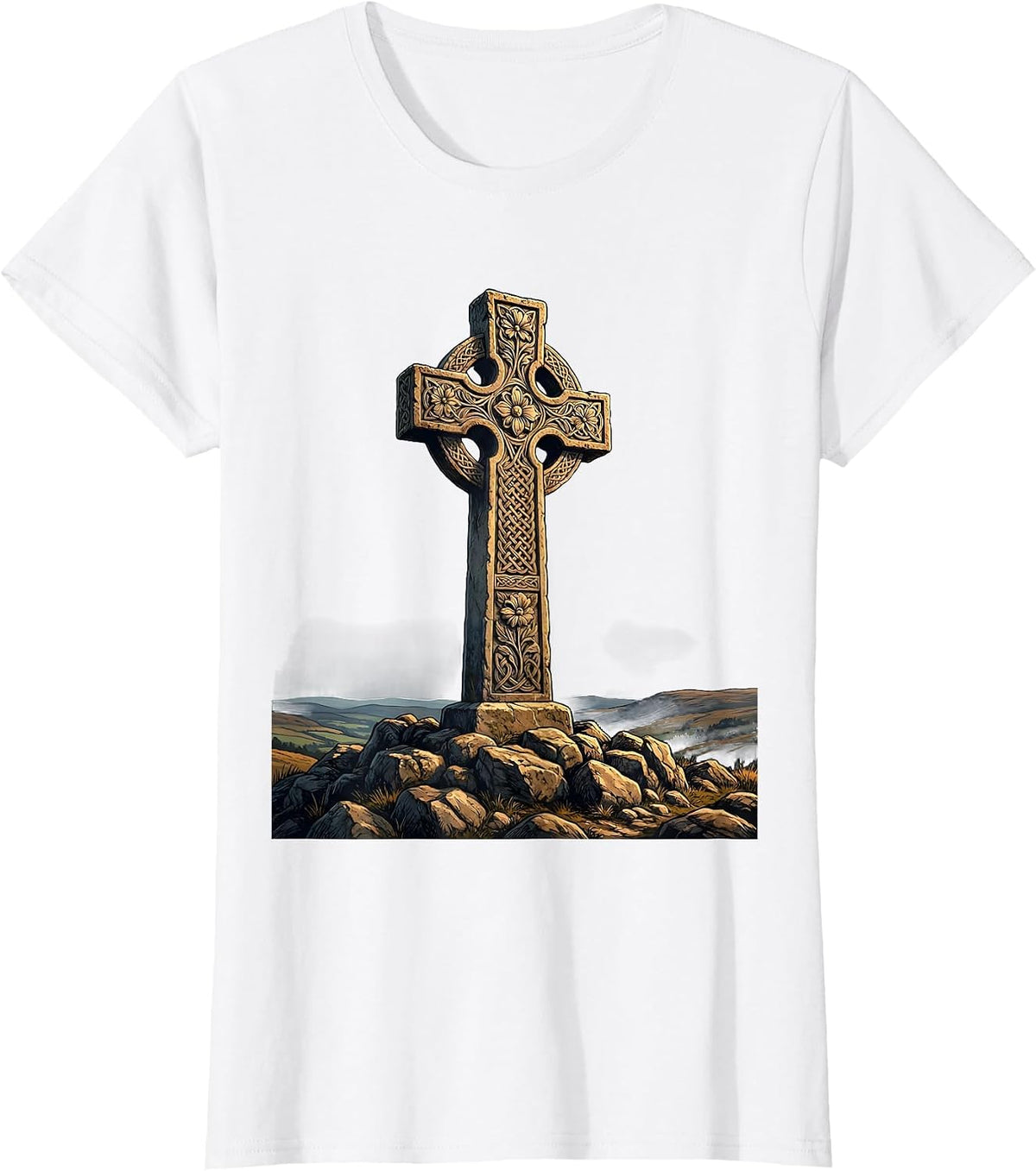 Ornate Stone Cross on Rocky Hilltop Illustration T-Shirt - White