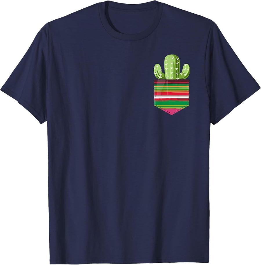 Cute Cactus Blanket Pocket Serape Dia de Los Muertos Mexican T-Shirt - Navy Blue