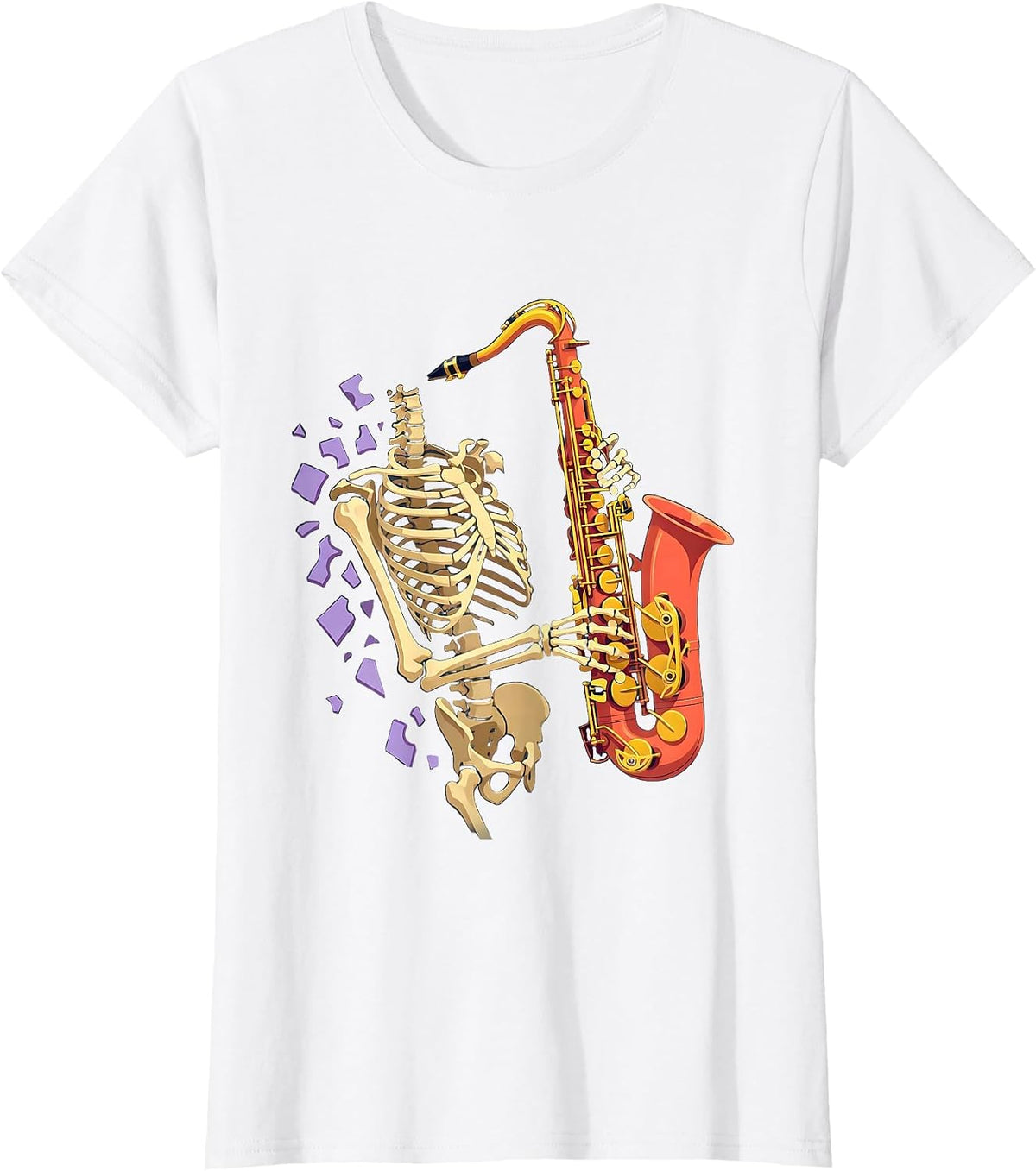 Skeleton Saxophonist Flat Vector Halloween Musician Costume T-Shirt - White