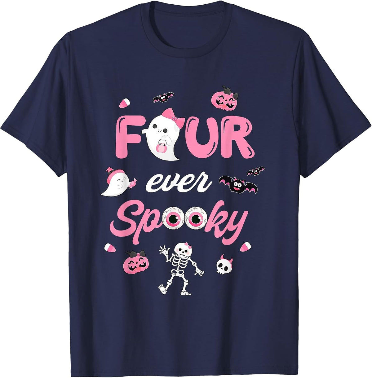 Four Ever Spooky Halloween Ghost 4th Birthday Girl Bow Ghost T-Shirt - Navy Blue