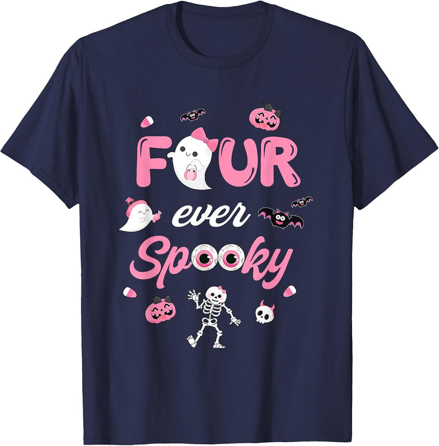 Four Ever Spooky Halloween Ghost 4th Birthday Girl Bow Ghost T-Shirt - Navy Blue