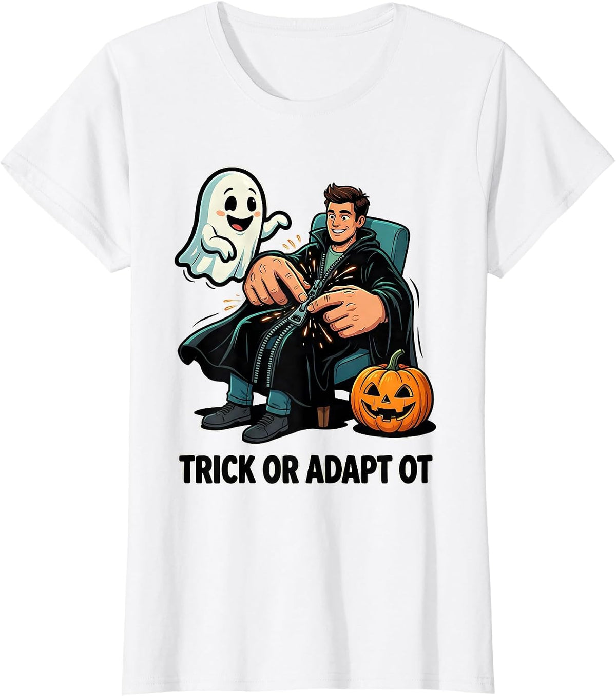 Trick Or Adapt OT Cartoon Ghost Physical Therapy Halloween T-Shirt - White