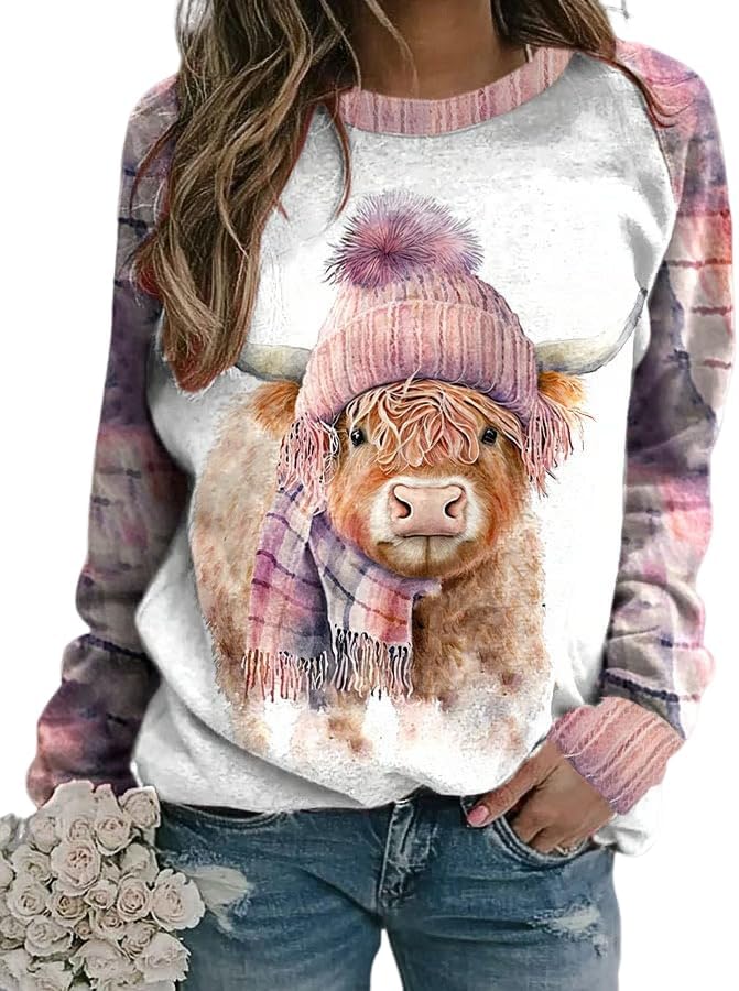 Women's Retro Winter West Highland Cow Plaid Print Sweatshirt Western Vintage Shirt - Pink