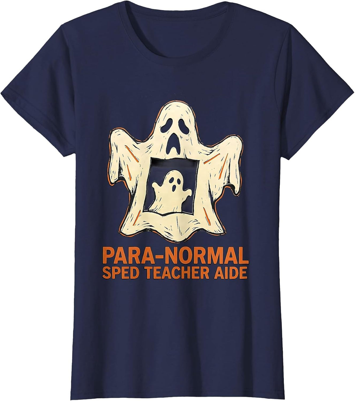 Women's Para-Normal SPED Teacher Aide Ghost Linocut Halloween T-Shirt - Navy Blue