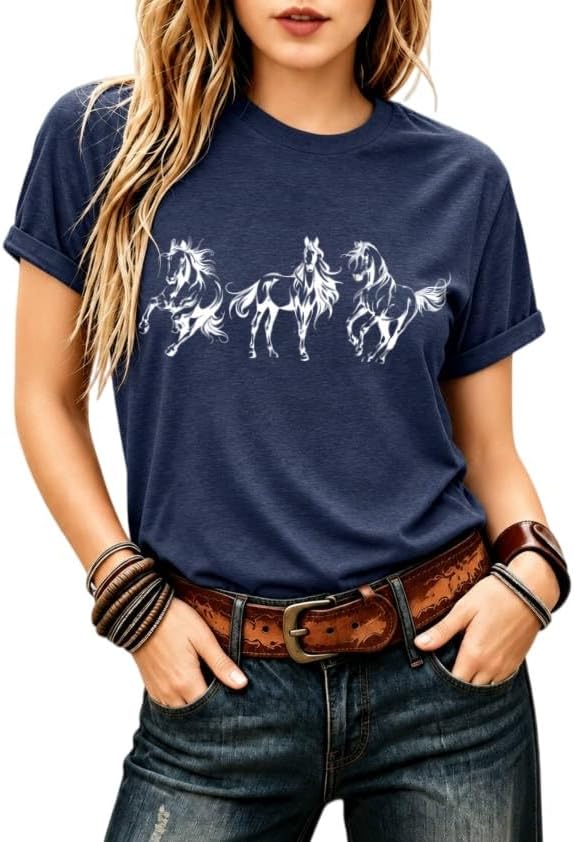 Horse Shirts for Women Western Graphic Tees Horse Riding Shirt Lover Gift - Blue