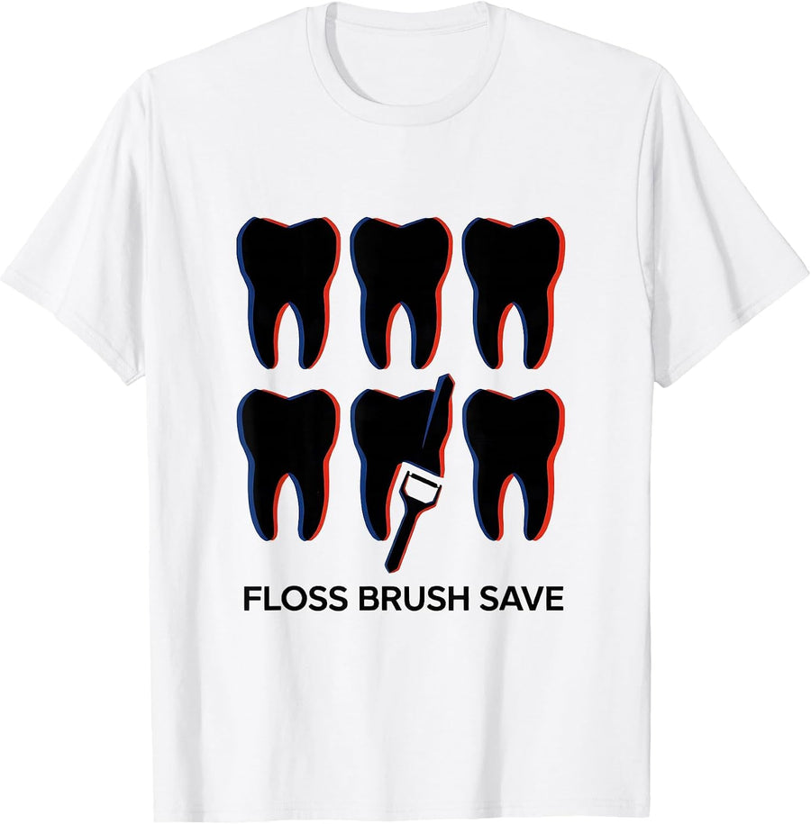 Men's Floss Brush Save Geometric Dental Hygienist Humor T-Shirt - White