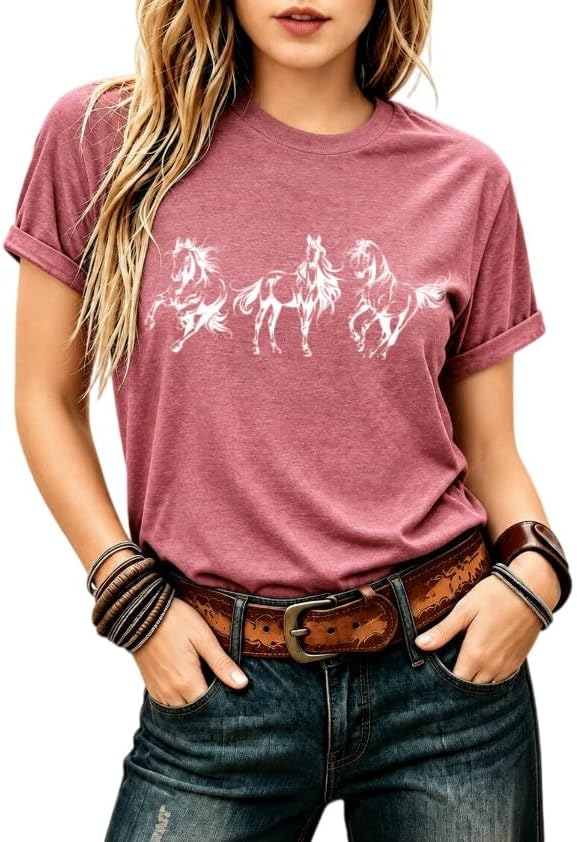 Horse Shirts for Women Western Graphic Tees Horse Riding Shirt Lover Gift - Pink