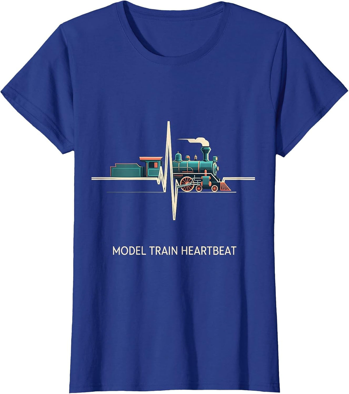 Women's Model Train Heartbeat Flat Vector Rail Enthusiast Hobby Gift T-Shirt - Royal Blue