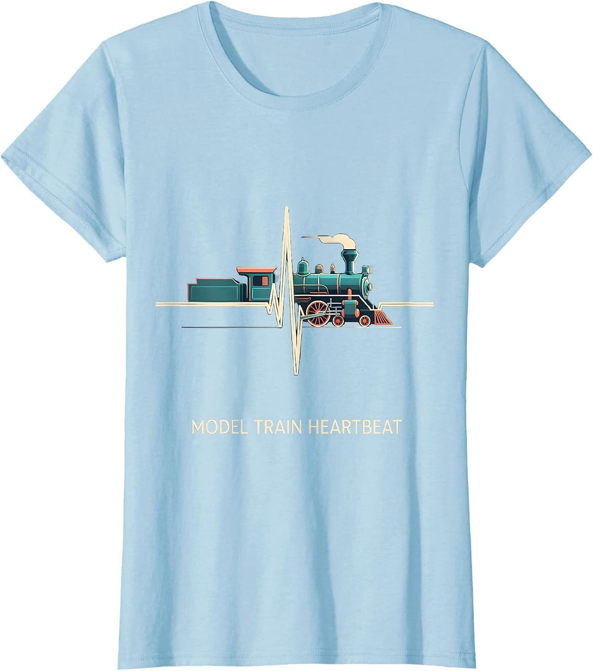 Women's Model Train Heartbeat Flat Vector Rail Enthusiast Hobby Gift T-Shirt - Baby Blue