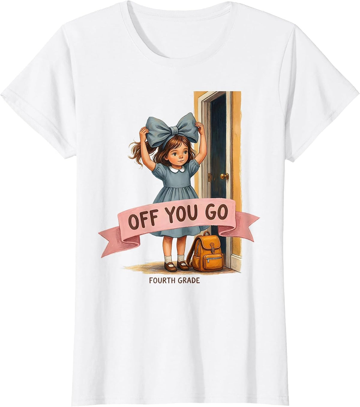Off You Go Fourth Grade Watercolor Coquette Bow T-Shirt - White
