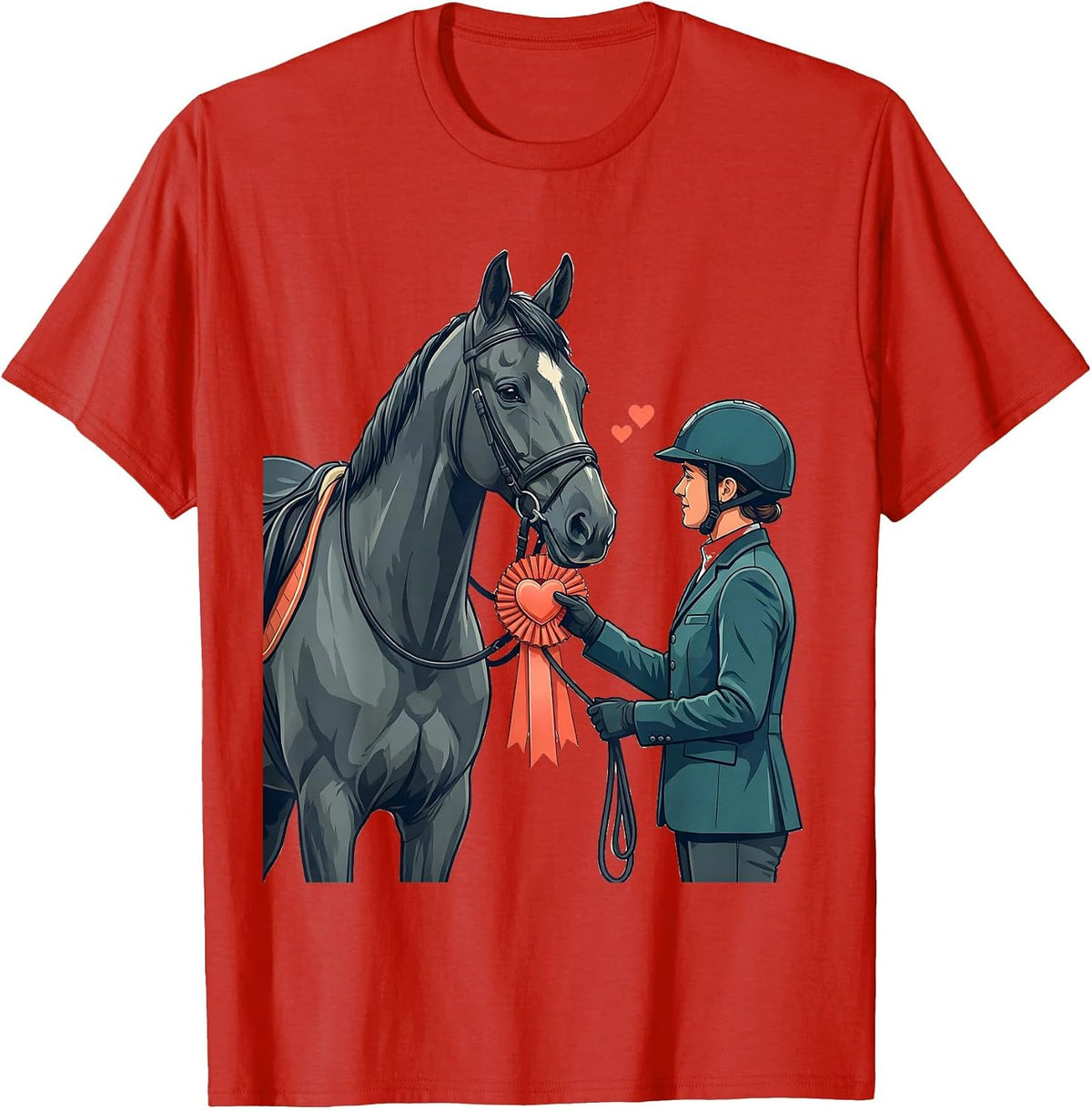 Men's Heart Horse Rosette Flat Vector Equestrian Valentines Day T-Shirt - Red