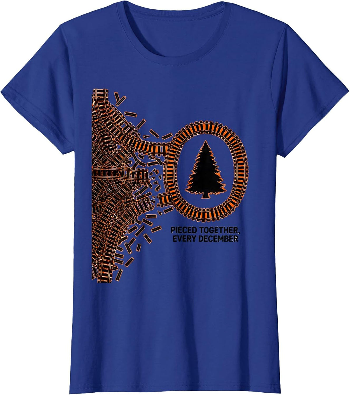 Women's Pieced Together Every December Vintage Train Hobbyist T-Shirt - Royal Blue