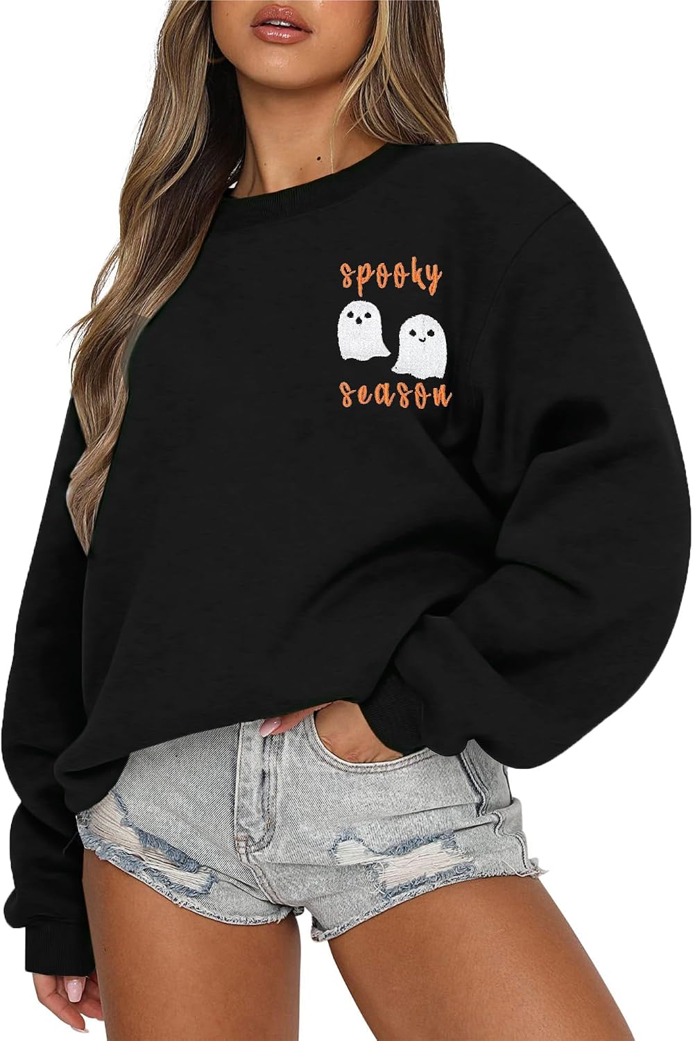 Women's Halloween Sweatshirt, Spooky Season Graphic Crewneck Top - Black-halloween