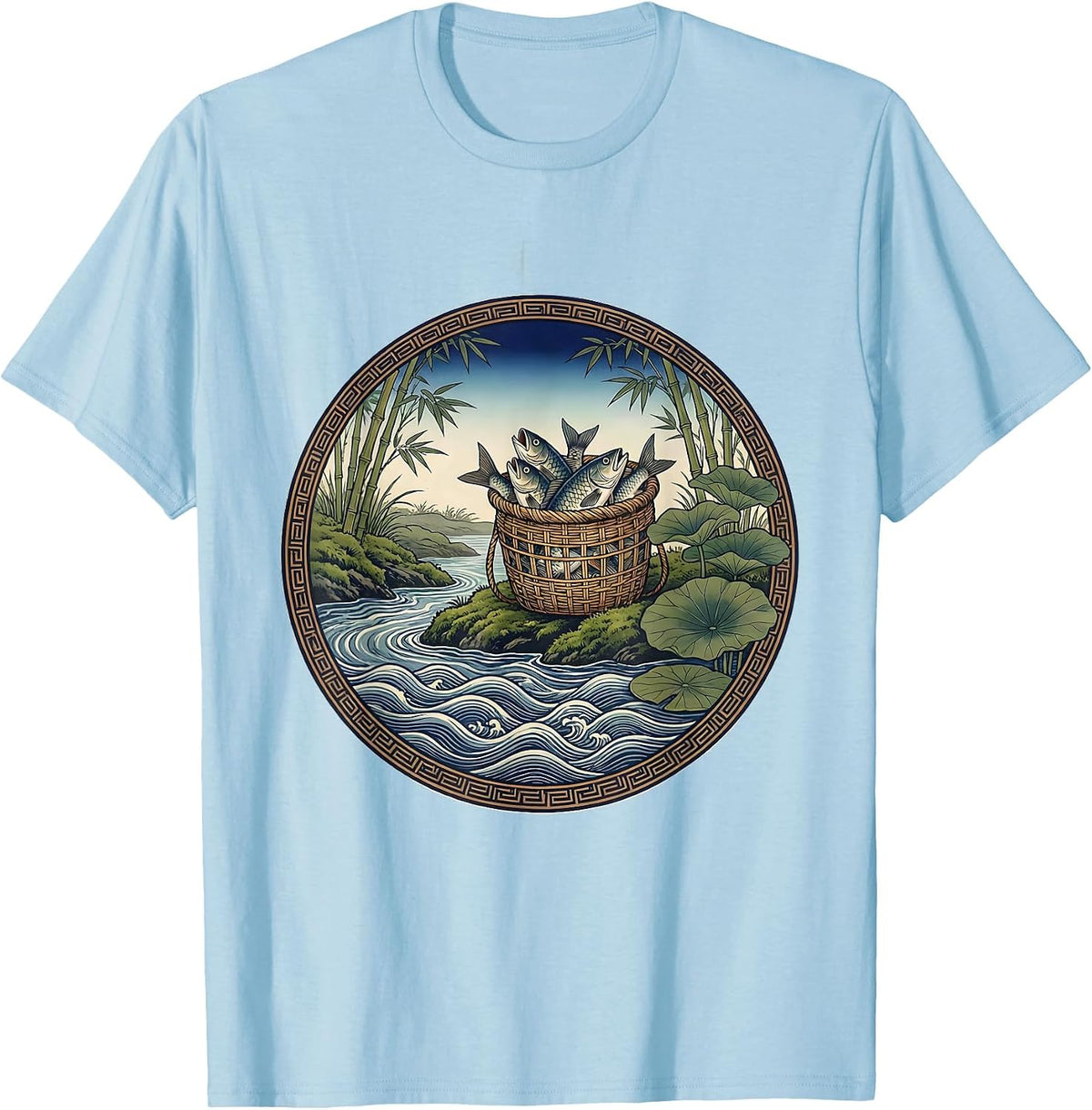Men's Full Creel Basket on Mossy Bank Fishing Design T-Shirt - Baby Blue