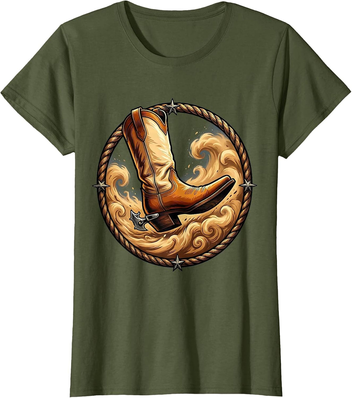 Women's Spurred Boot Kicking Dust Cowboy Western Design T-Shirt - Olive Green