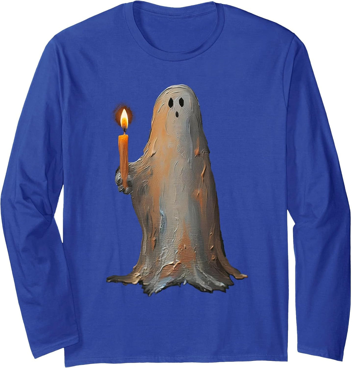 Halloween Ghost Holding Candle Spooky Long Sleeve T-Shirt - Adult Unisex Royal Blue