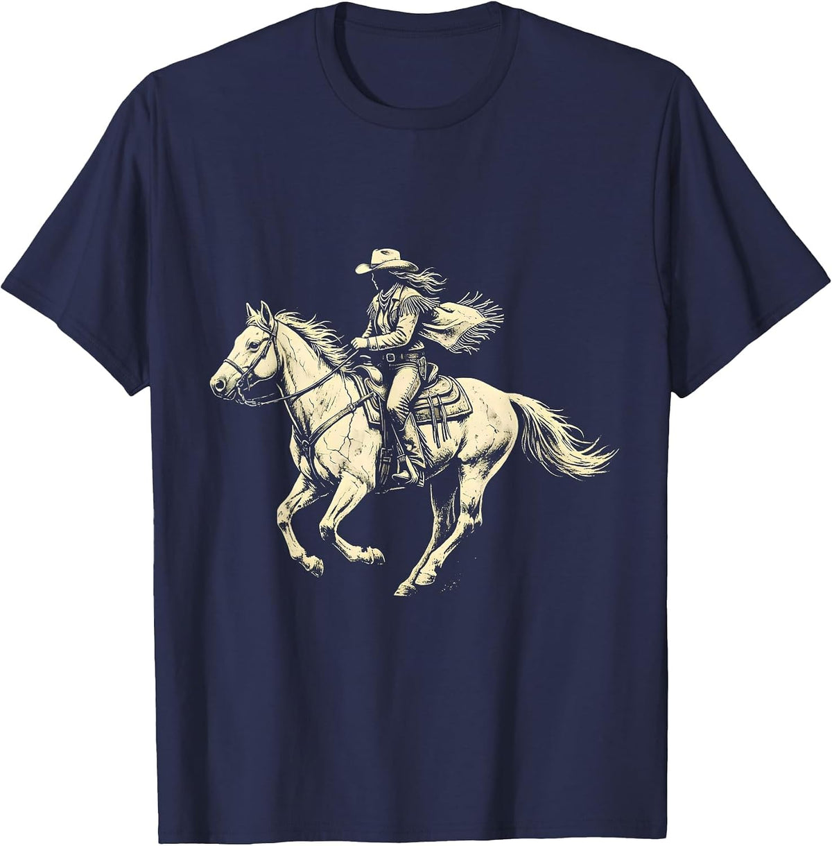 Cowgirl Silhouette Riding Horse at Sunset T-Shirt - Navy Blue