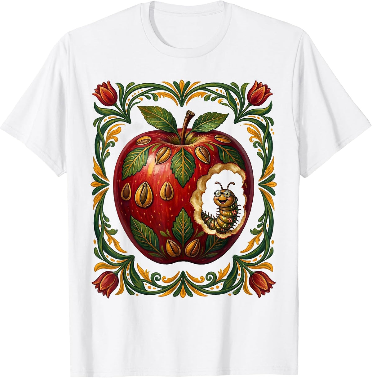 Men's Apple Teacher Bookworm Graphic Design T-Shirt - White