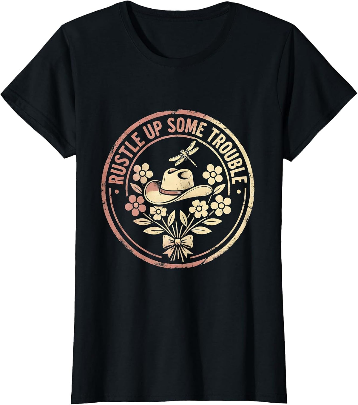 Rustle Up Some Trouble Cowgirl Design T-Shirt - Black