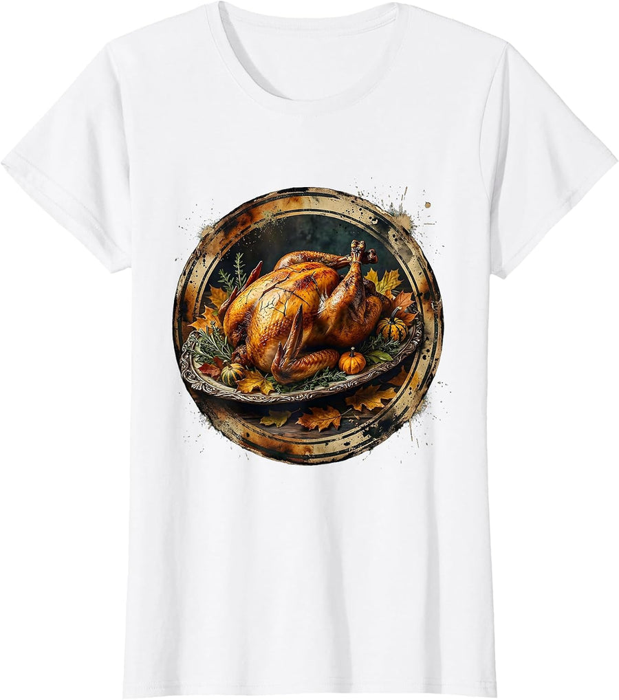 Women's Thanksgiving Roasted Turkey Platter Illustration T-Shirt - White
