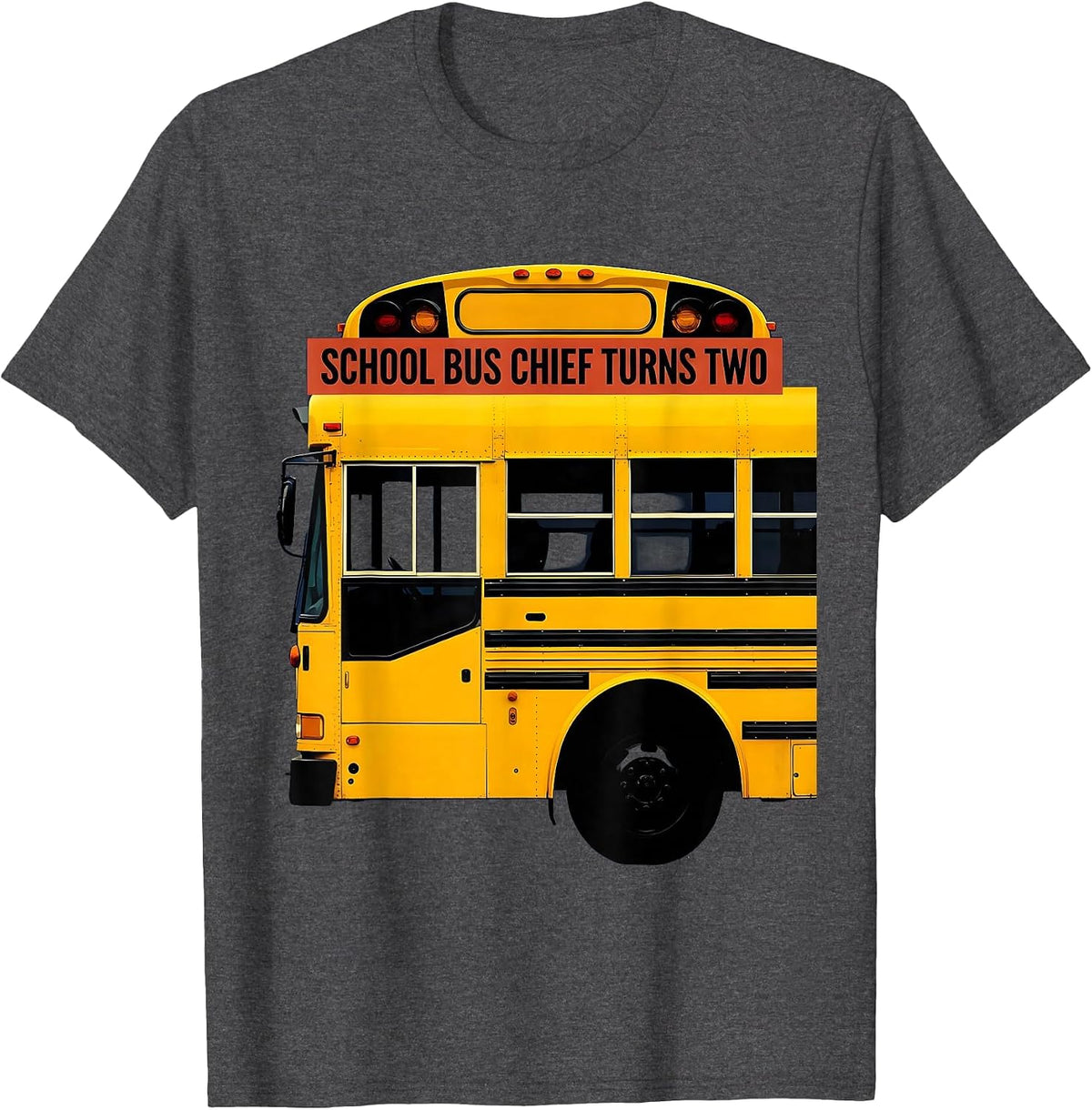 Men's School Bus Chief Turns Two Funny Toddler Birthday Party T-Shirt - Dark Heather Grey
