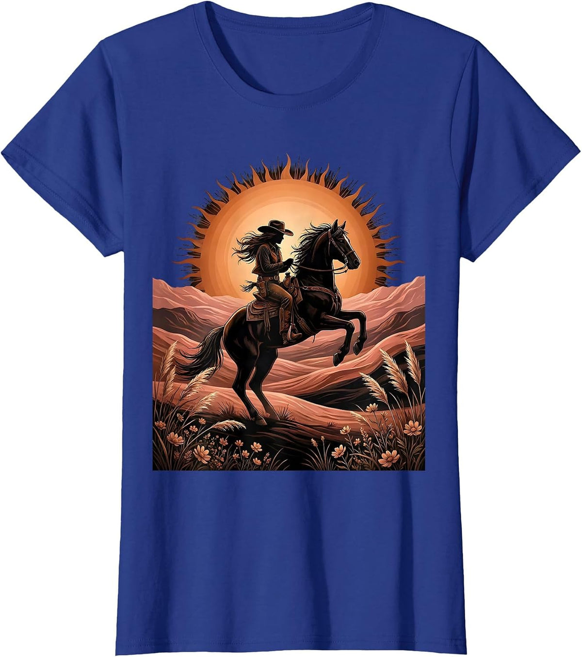 Women's Cowgirl Riding Horse at Sunset Western Design T-Shirt - Royal Blue