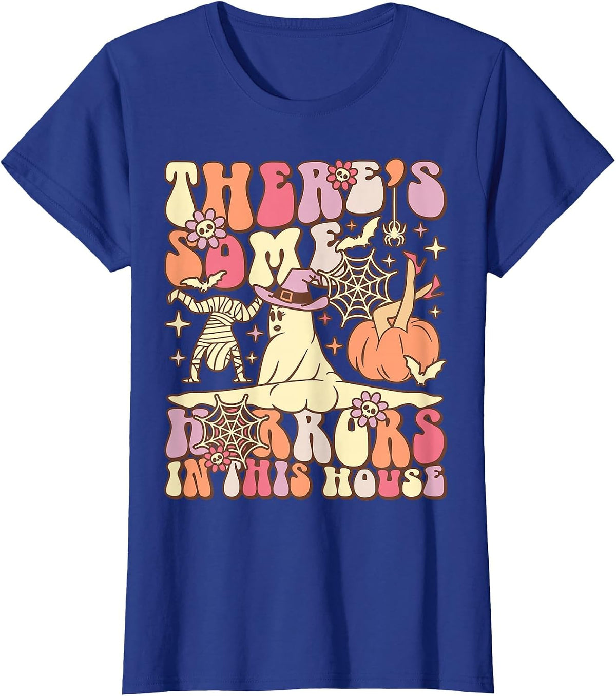 There's Some Horrors in This House Groovy Ghost Halloween T-Shirt - Royal Blue