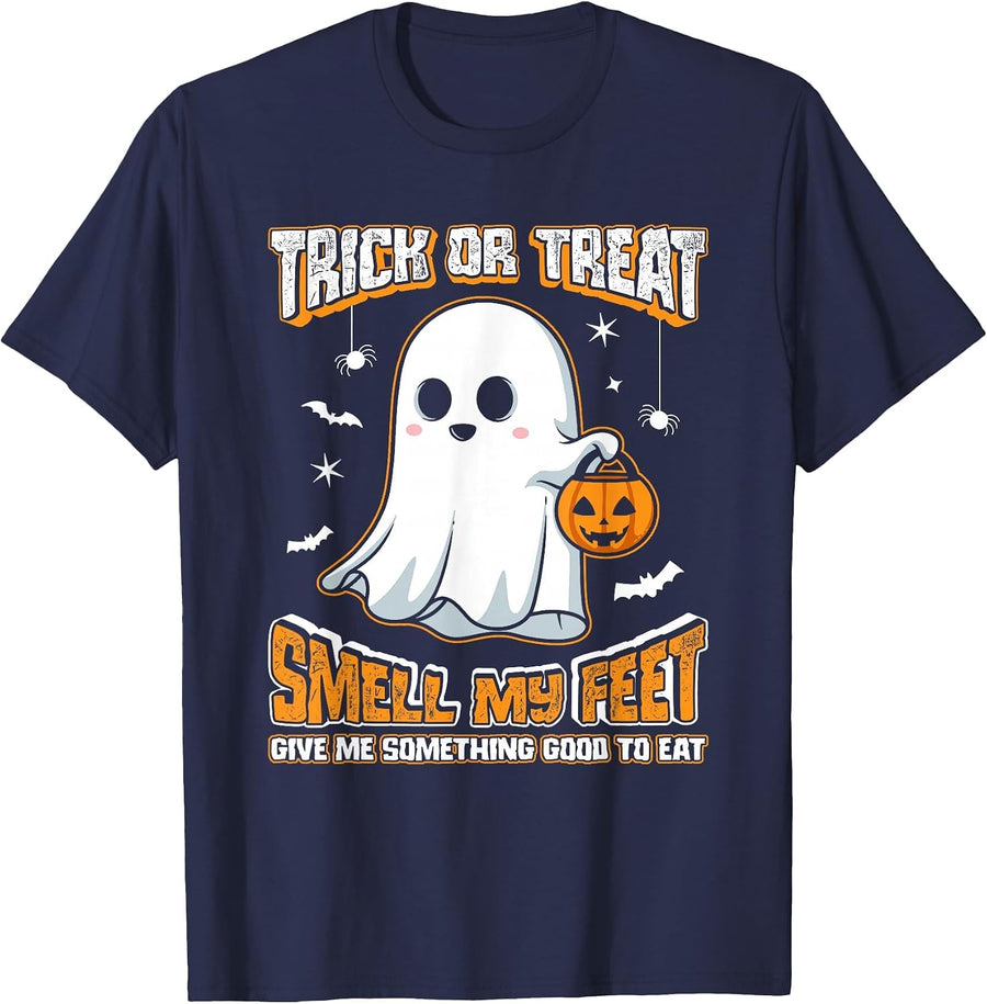 Trick Or Treat Smell My Feet Cute Ghost Funny Halloween T-Shirt - Navy Blue