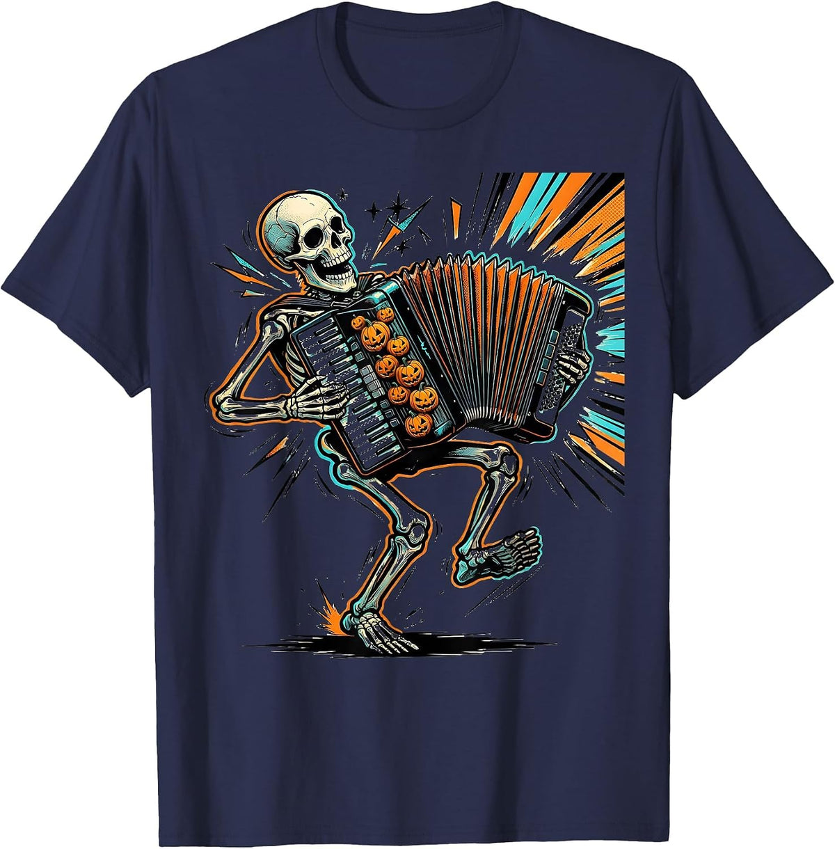 Men's Skeleton Accordionist Comic Book Halloween Musician Costume T-Shirt - Navy Blue