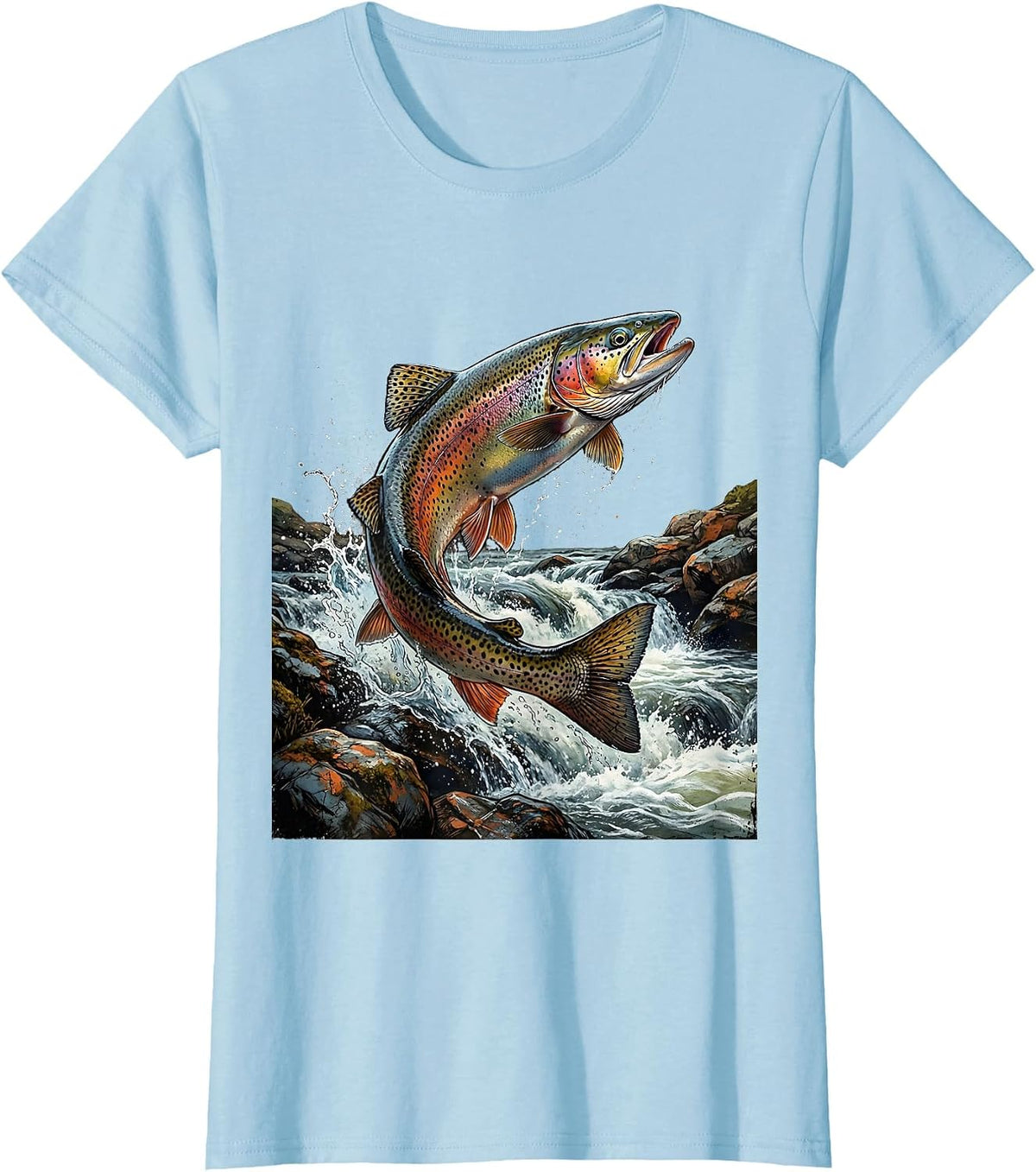 Trout Upstream Rapids Fishing Graphic Design T-Shirt - Baby Blue