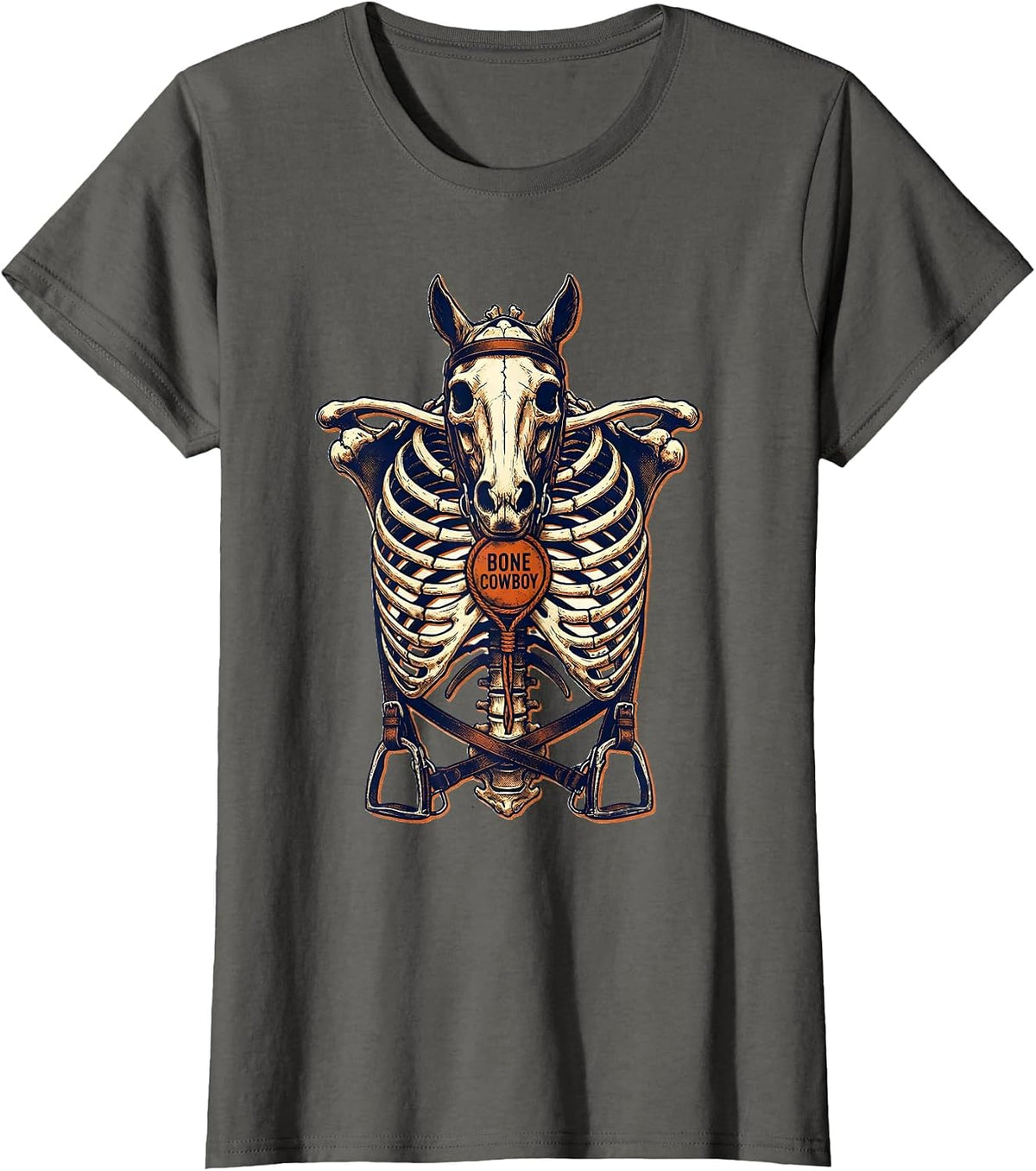 Women's Bone Cowboy Risograph Skeleton Horse Equestrian Halloween T-Shirt - Asphalt Grey