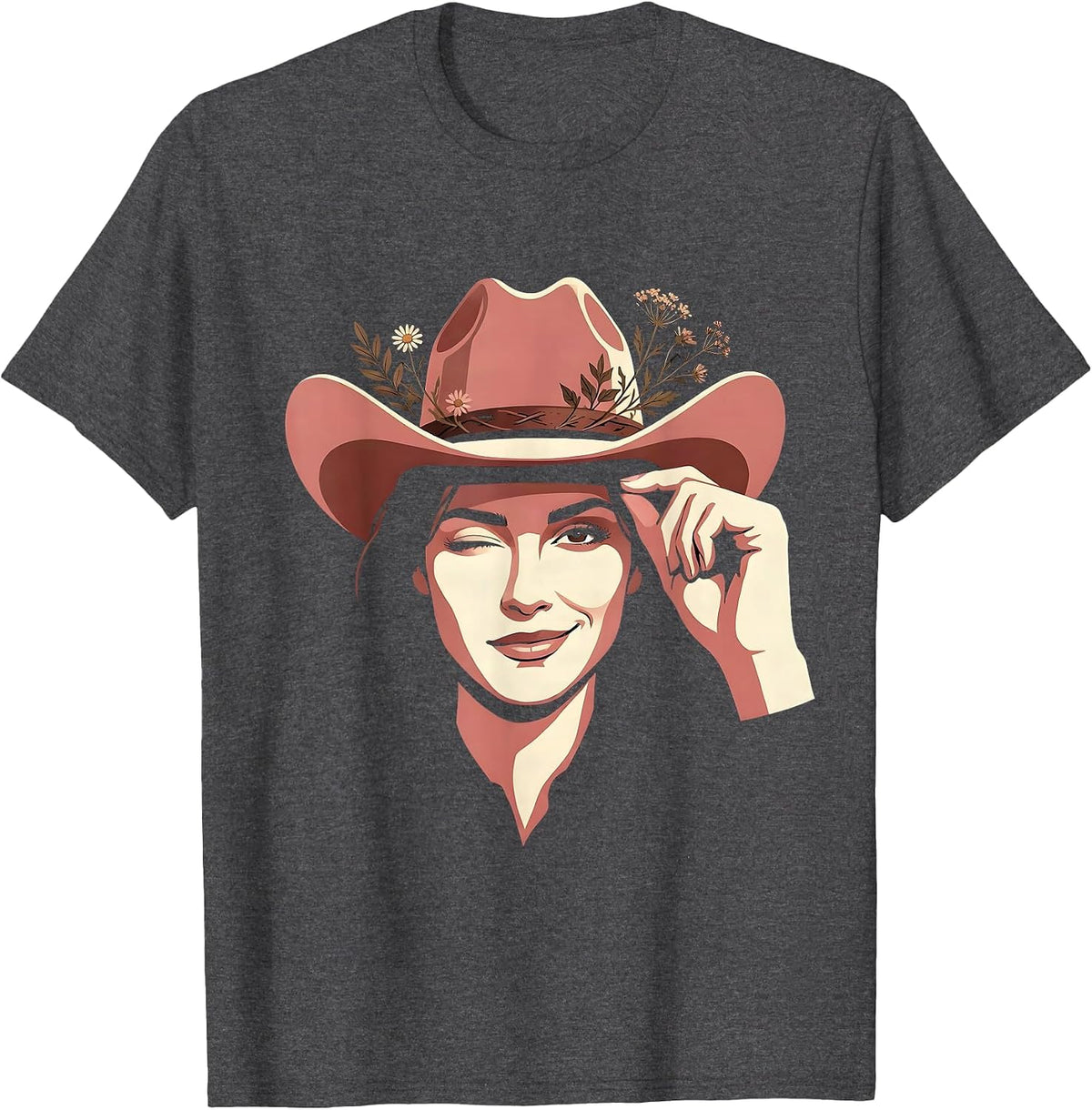Men's Cowgirl Hat Tip Wink Western Graphic Tee T-Shirt - Dark Heather Grey