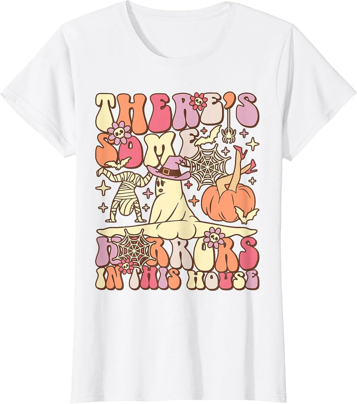 There's Some Horrors in This House Groovy Ghost Halloween T-Shirt - White