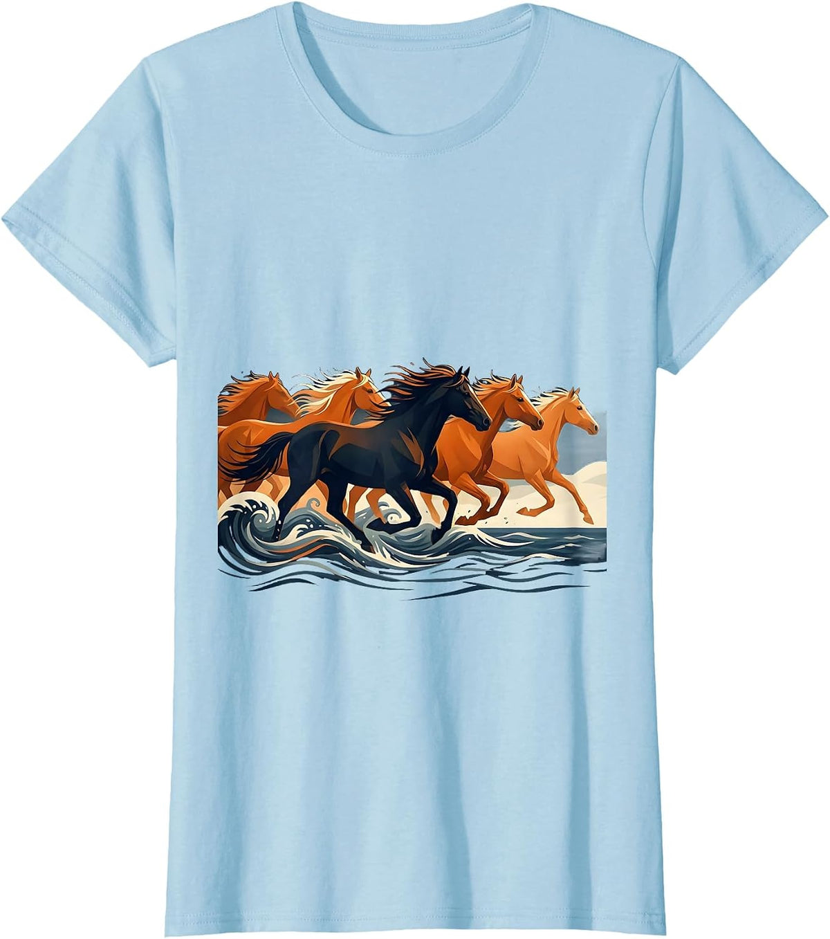Wild Horses Galloping Through Ocean Surf T-Shirt - Baby Blue