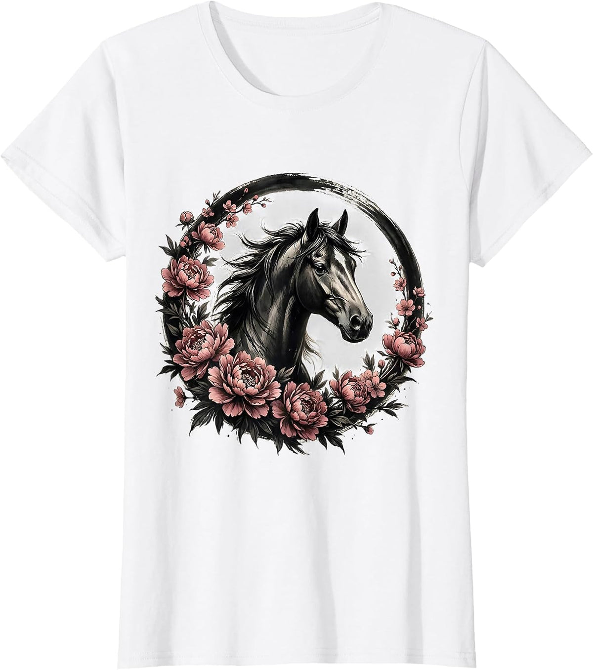 Floral Wreath Horse Portrait Graphic Design T-Shirt - White